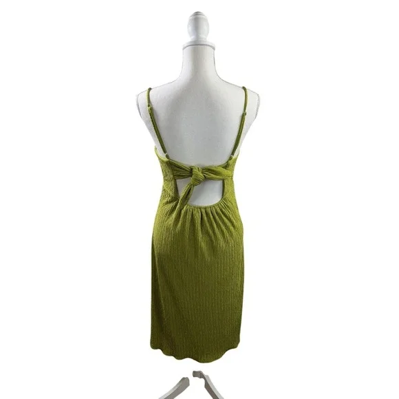 Lulu Chartreuse Green Faux Wrap Midi Dress Tie Back Size Medium D14100 - Picture 11 of 16